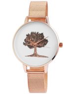 Damenuhr Mesh Armbanduhr rosegolden Edelstahl Baum Lebensbaum