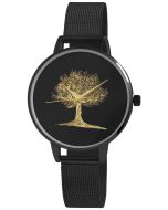 Damenuhr schwarz Mesh Armbanduhr Edelstahl Baum golden Leben