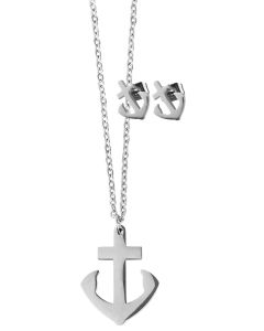 Akzent Schmuckset silberfarbig Anker Halskette und Ohrstecker Edelstahl glänzend