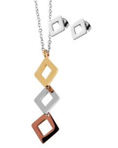 Akzent Damen Schmuckset Tricolor Ohrstecker Halskette Collier Quadrate 48 cm