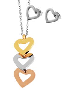 Akzent Damen Schmuckset Tricolor Ohrstecker Halskette Collier Herzen 48 cm