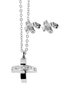 Akzent Schmuckset Kreuz silberfarbig Strass Ohrstecker Halskette Edelstahl