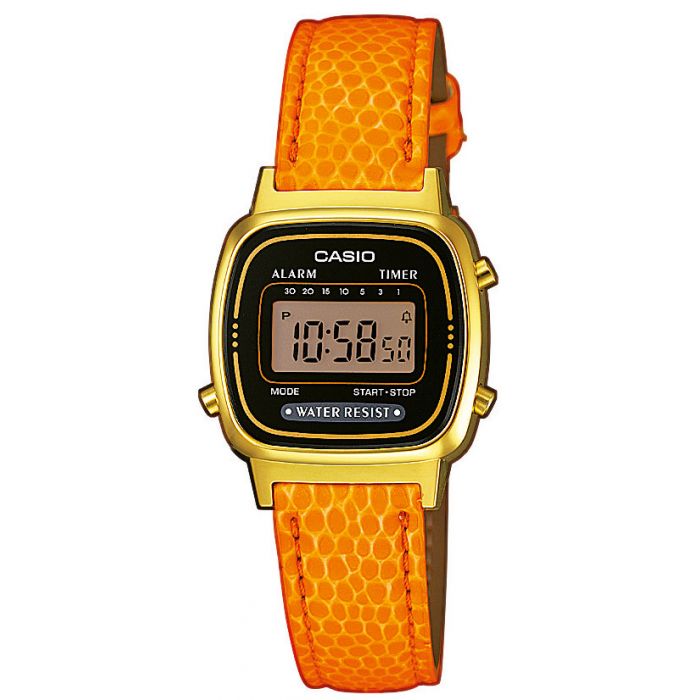 deberes teoría Restaurar Casio Uhr Retro Damenuhr LA670WEGL-4A2EF orange gold Lederarmband