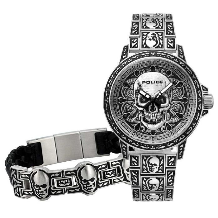 Police Armbanduhr Armband Geschenk-Set Skull Totenkopf Uhr PL15530SKS-SET1
