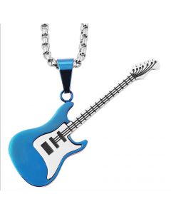 Halskette mit Anhänger Gitarre silber blau glänzend Edelstahlkette