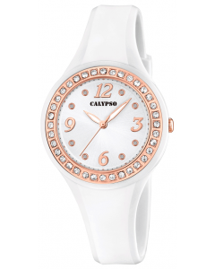 Calypso Armbanduhr weiß rosegoldfarbig Damen Uhr K5567/B Strass