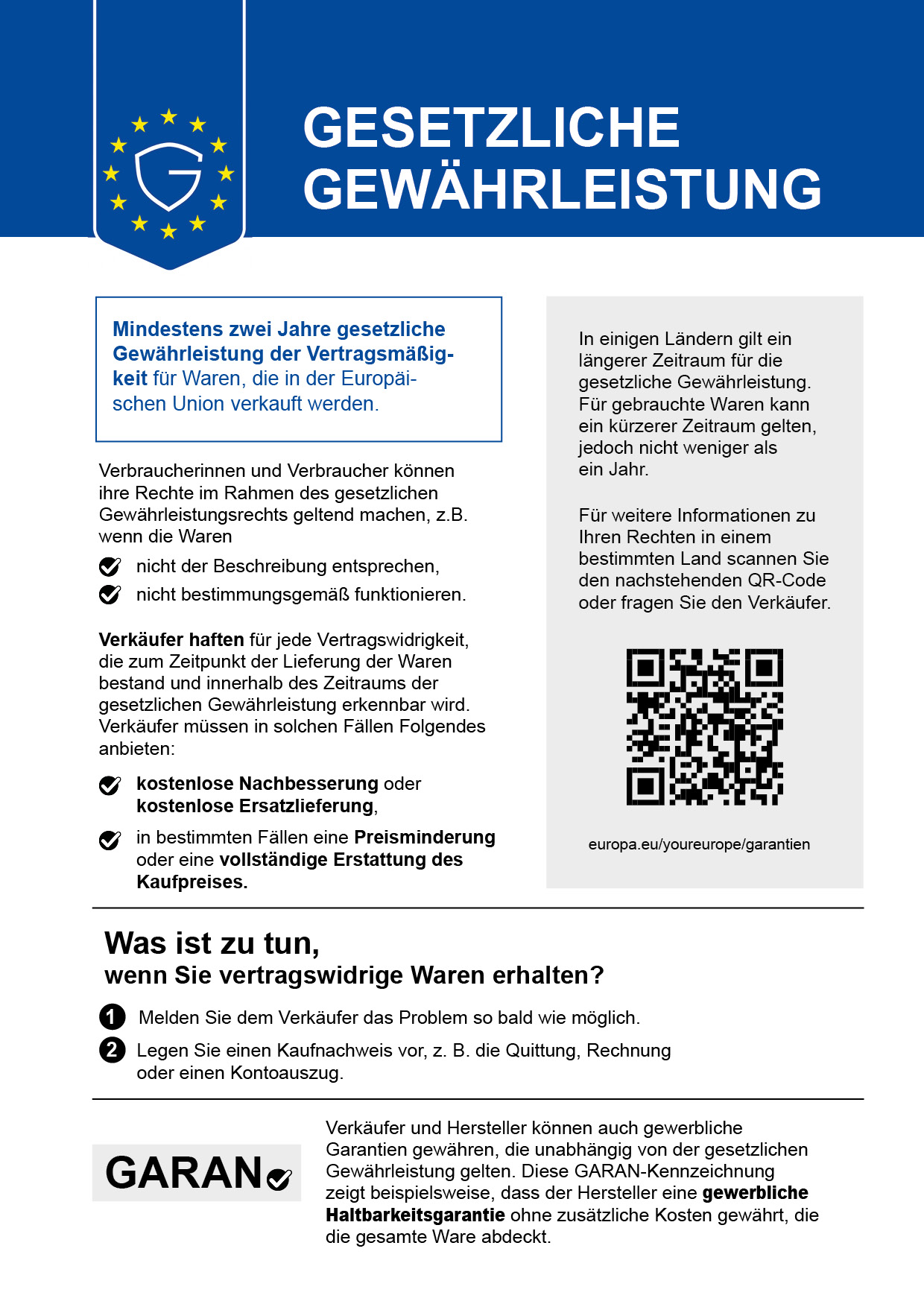 Informationen zur gesetzlichen Gewährleistung Informationen zur gesetzlichen Gewährleistung